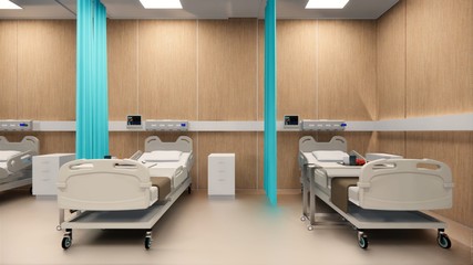 3d rendering. Interior hospital modern design . Row of empty hospital beds and various first aid medical equipment in empty emergency room Medical practice concept.4k