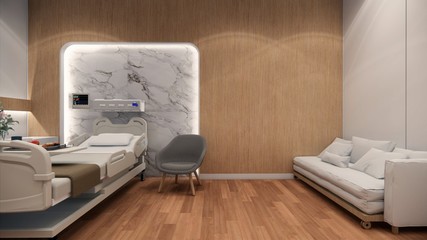 3d rendering. Interior hospital modern design . Row of empty hospital beds and various first aid medical equipment in empty emergency room Medical practice concept.4k