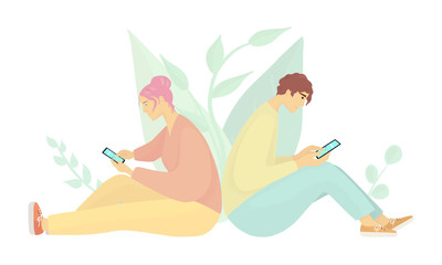 Young guy and girl sit back to back and check smartphones. Virtual communication replaces real. Social networks and the Internet. Vector flat illustration.