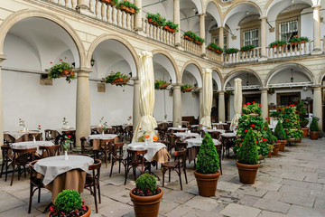 Italian courtyard in Lviv in the style of the Italian Renaissance on May 12, 2019 in Lviv, Ukraine