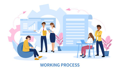 Infographic of a business teams working process showing planning and development with paperwork and charts of a diverse group of colleagues, colored vector illustration