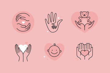 Vector logo design template and emblem in simple line style - charity concepts - parent's hand holding child's hand