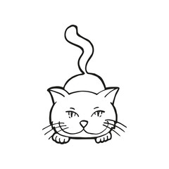 Single hand drawn playing cat. In doodle style, black outline isolated on a white background. Cute element for card, social media banner, sticker, print, decoration kids playroom. Vector illustration