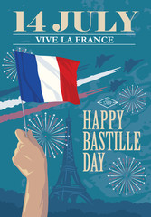 Hand with national flag of France on Eiffel tower background. Happy Bastille Day. Vector illustration.