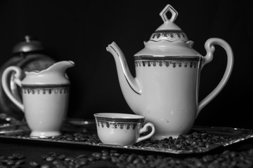 The image, aroma and flavor of coffee. Arrangement with coffee and accessories.