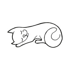 Single hand drawn sleeping cat. In doodle style, black outline isolated on white background. Cute element for card, social media banner, sticker, print, decoration kids playroom. Vector illustration