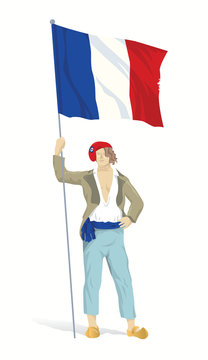 Young Frenchman in a red Phrygian cap and flag of France. Happy Bastille Day.