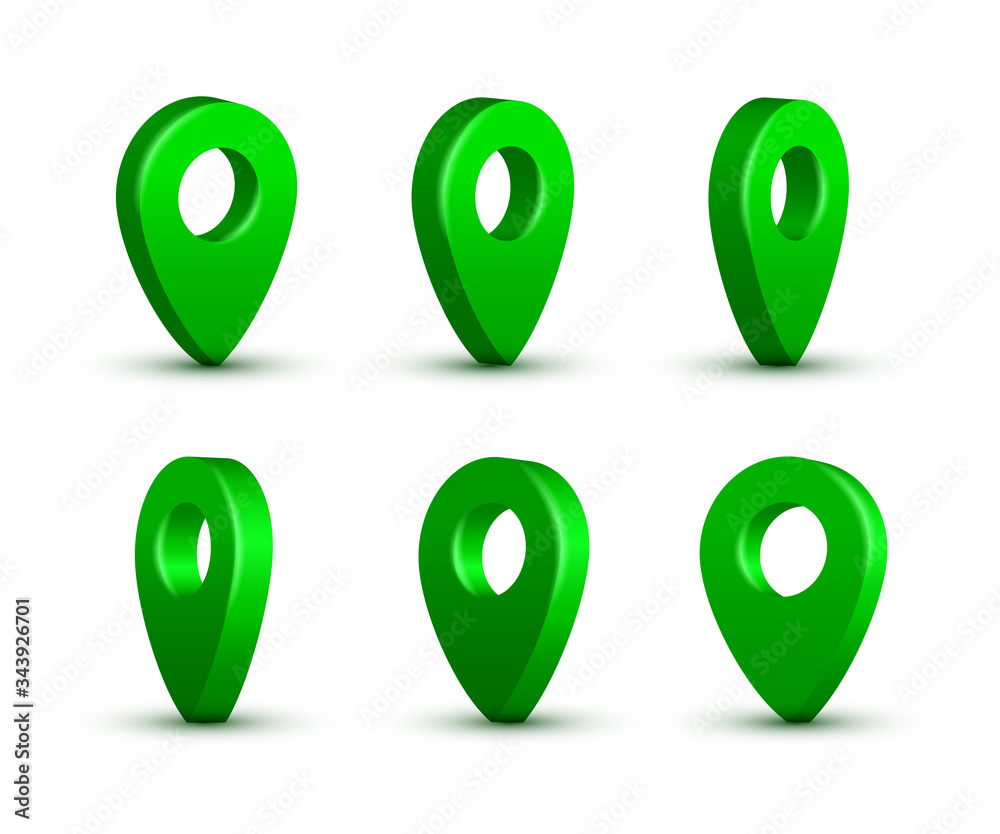Poster shiny green realistic map pins set. vector 3d pointers isolated on white background. location symbol