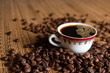The image, aroma and flavor of coffee. Arrangement with coffee and accessories.