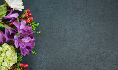 Beautiful Flowers Bouquet and Black Texture Background