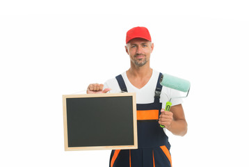 Wall painter. Paint shop. Renovation and repair. Useful tips. Chalkboard copy space. Paint rolling....