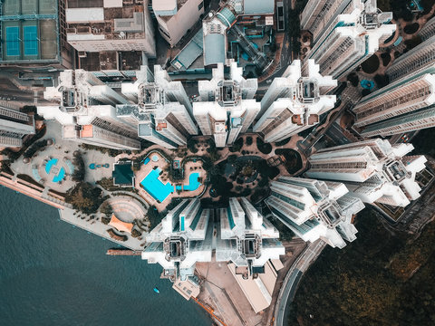 Aerial view of small Hong Kong apartments in Hong Kong city.