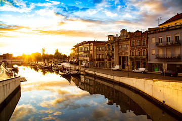Aveiro, Portugal: Moliceiro boats docked along the central city canal during sunset