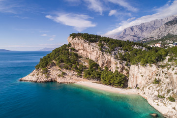 Aerial view of famous Nugal beach near the city of Makarska in Dalmatia, Croatia., which was proclaimed as one of the most beautiful beaches in Croatia.