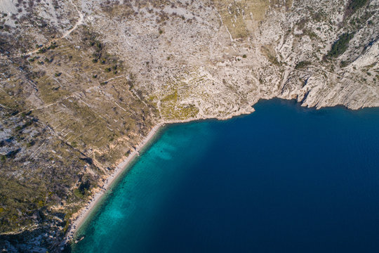 Aerial view of popular landmark Vruja near Makarska with Biokovo mountain and Adriatic sea, Croatia.