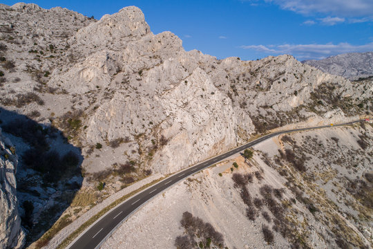 Aerial view of popular landmark Vruja near Makarska with Biokovo mountain and Adriatic sea, Croatia.