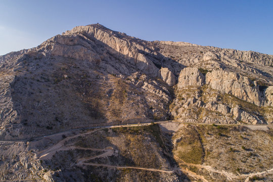 Aerial view of popular landmark Vruja near Makarska with Biokovo mountain and Adriatic sea, Croatia.