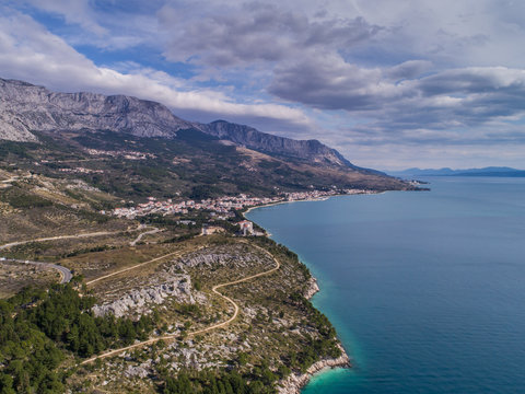 Aerial view of coastline and Tucepi, small touristic place near Makarska in Dalmatia, Croatia.