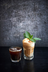 Glass of latte with vanila ice cream and glass of black coffee - obrazy, fototapety, plakaty