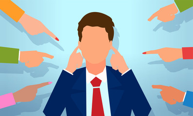 vector of a man plugging his ears while being blamed and accused by a group of people