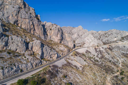 Aerial view of popular landmark Vruja near Makarska with Biokovo mountain and Adriatic sea, Croatia.
