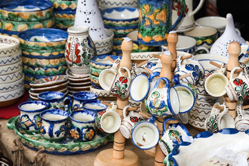 Traditional Romanian pottery for sale during farmers market