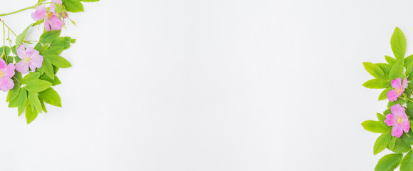 Fototapeta premium Flat lay frame with pink small flowers and green leaves on a light background