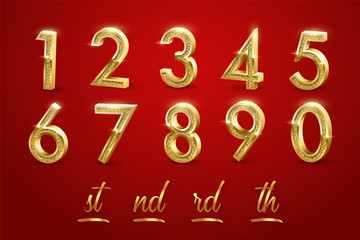 Birthday golden numbers and ending of the words isolated on red background. Vector design elements.