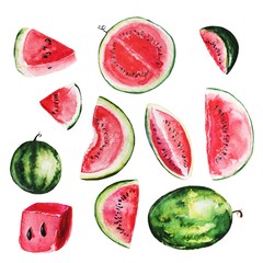Watercolor drawn watermelons and slices set
