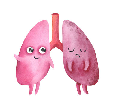 Lungs. Healthy and diseased internal organs. Children's watercolor illustration. Cartoon character. Stock image