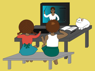 Distance lesson during quarantine. Children are watching teacher on computer monitor. Their cat is nearby.