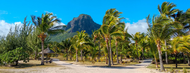 Mauritius island. Under beautiful Brabant mountain on the south of Mauritius island. Tropical scenery. Meditation place