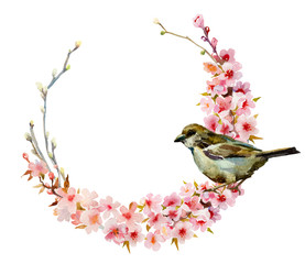 Watercolor spring cherry tree wreath with sitting sparrow. Pink round frame isolated on white background