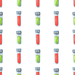 Seamless pattern with test tubes. Endless background with cartoon flasks with red and green liquid. Children's watercolor illustration. Cartoon chemistry, medicine, and science. Stock image