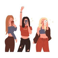 Set of three stylish young ladies taking a selfie on smartphone. Mirror view. Isolated on beige background. Hand drawn colored trendy Vector illustration. Fashion, Social media concept