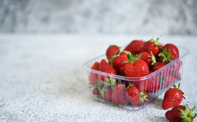 Strawberries in a tray on a concrete gray background with place for text. Horizontal focus.