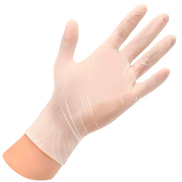 Latex gloves on the hand. Individual protection against bacteria viruses and various organic and chemical contaminants. Safety measures in medicine and public health. Isolated object. Vector
