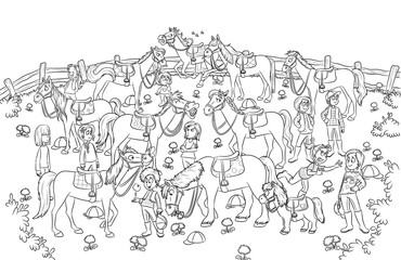 Mädchen mit Pferden auf Wiese - Vektor-Illustration