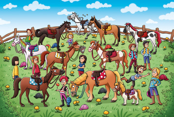 Mädchen mit Pferden auf Wiese - Illustration © Christine Wulf