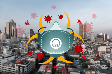 face respirator mask and Coronavirus theme drawing over big city Bangkok cityscape sunset. Modern town view. COVID-19 self isolation and quarantine concept.