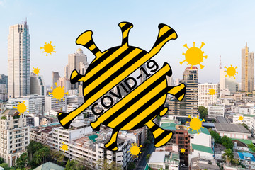 Quarantine sign over Bangkok cityscape day time. Modern skyscrapers panorama. COVID-19 self isolation concept.