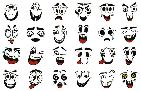 Cartoon faces. Kawaii cute faces. Expressive eyes and mouth, smiling, crying and surprised character face expressions. Caricature comic emotions or emoticon. Isolated vector illustration icons set.