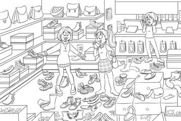 Mädchen im Schuhladen - Vektor-Illustration