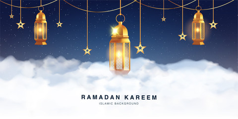 Ramadan Kareem Celebration Greeting Card background template vector design Decorated With 3d Realistic arabic lantern and clound. Islamic eid mubarak banner