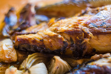 Mackerel baked in the oven, home dish, close-up
