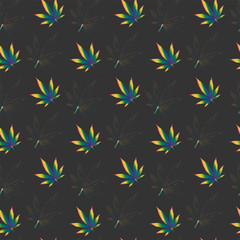 seamless pattern of hemp leaves and hemp leaf contours painted in rainbow colors on a dark gray background. LGBT Symbols