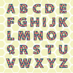 Latin alphabet letters hexagon mosaic colorful print 