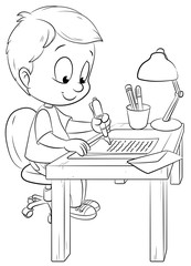 Junge am Schreibtisch schreibt einen Brief - Vektor-Illustration