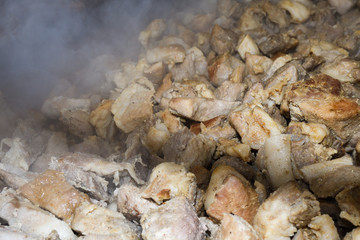 Unhealthy, greasy, oily, mix of meat slices