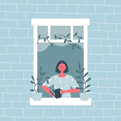 Young woman is watering flowers on a windowsill. The woman at the open window. View from the street side. Funky flat style. Vector illustration